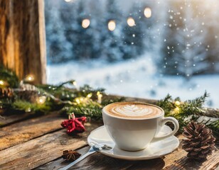 Latte Art coffee mug on a rustic wooden table with winter Christmas lights and decorations by the window