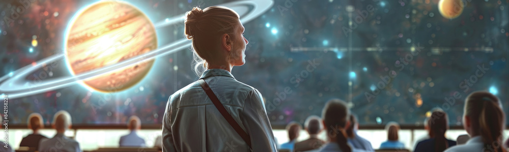 Poster a woman with a ponytail gazes in awe at a large screen displaying a projection of saturn with its ri