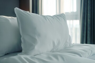 A comfortable white bed with white pillows in a bedroom decorated with interior design details.