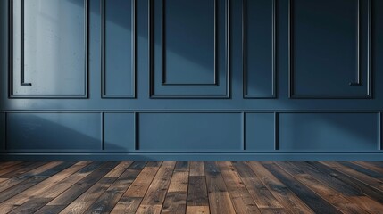 A dark blue wall in an empty room with wooden floors