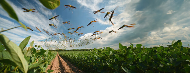 A swarm of migratory locusts flying over a green field, highlighting the impact on agriculture and pest control. Panorama with copy space.