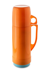 Orange plastic thermos bottle with cup as cap lid, isolated