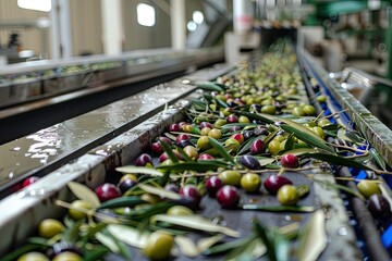 Close-up of a conveyor belt carrying fresh olives and leaves in an olive oil factory. Generative AI