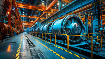 Obraz premium Vast industrial factory showcasing heavy machinery and intricate infrastructure with vibrant lighting, illustrating manufacturing and engineering excellence.