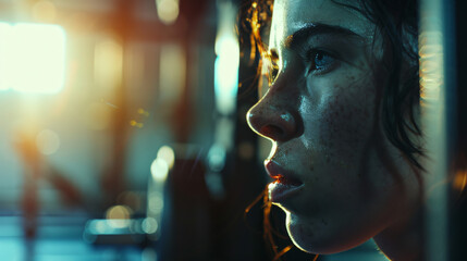 Naklejka premium Close-up of a determined woman in a gym, with sweat glistening on her face, showcasing focus and dedication