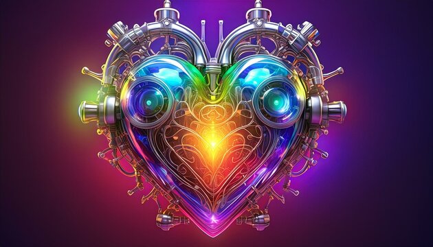A crystalline mechanical heart with refracted light creates rainbow hues. It is surrounded by delicate, eph