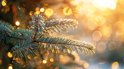 a Christmas tree branch adorned with glittering lights, capturing the texture and color of the needles