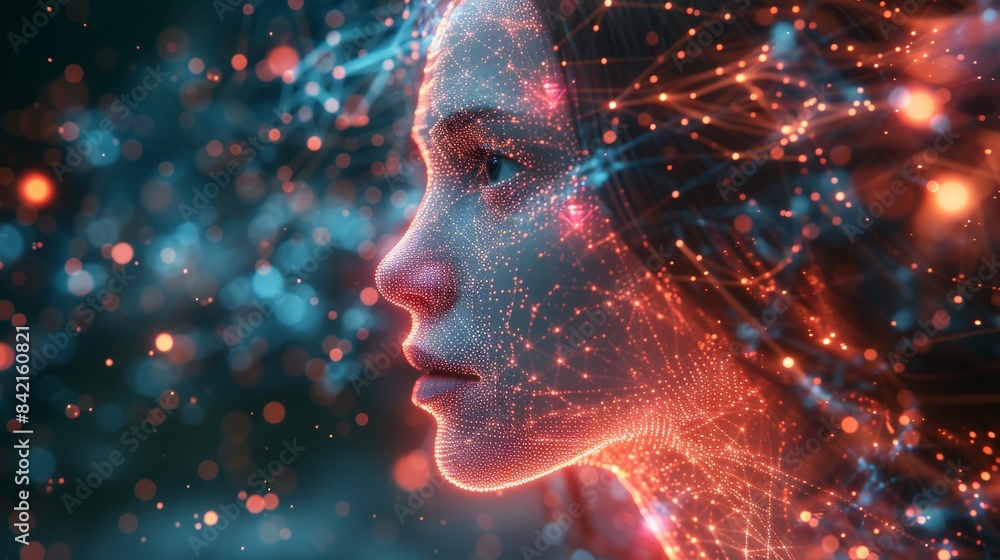 Poster Digital art of a female face with light particles, neural network visualization. Futuristic AI and technology concept