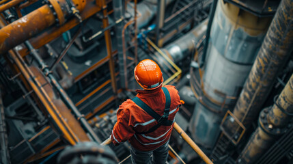 Fototapeta premium A worker in safety gear and orange helmet surveys a complex industrial facility from a high vantage point, emphasizing industrial safety.
