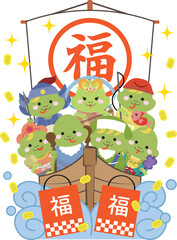 宝船に乗っているヘビの七福神たちと福袋