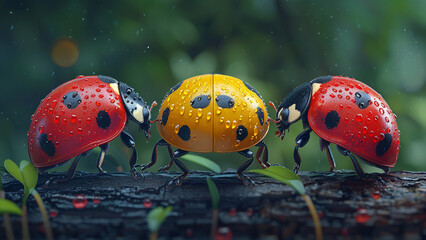 3d rendered three ladybugs on a wet green leaf made with generative AI
