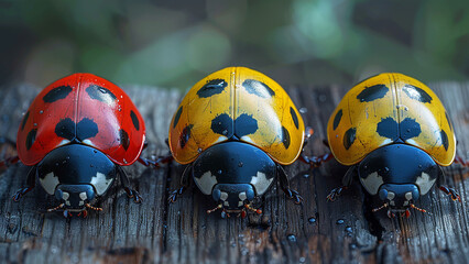 3d rendered three ladybugs on a wet green leaf made with generative AI