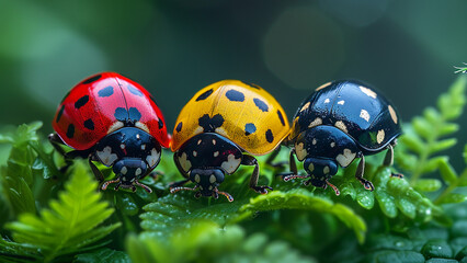 3d rendered three ladybugs on a wet green leaf made with generative AI