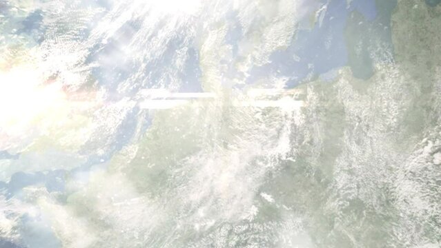 Earth zoom in from space and focus on Celle, Germany. 3D style Animation. Satellite view. Background for travel intro, blog. Images from NASA.