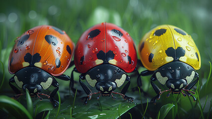 3d rendered three ladybugs on a wet green leaf made with generative AI