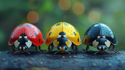 3d rendered three ladybugs on a wet green leaf made with generative AI