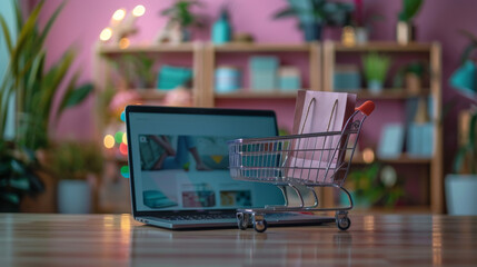 A mini shopping cart on a laptop represents the concept of online shopping in a colorful home office setting.