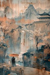 Ancient chinoiserie japanese style mural painting of the castle village in the waterfall wall art, background, wallpaper