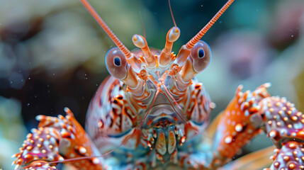 Detailed close-up of a colorful crustacean underwater, showcasing intricate patterns and vivid colors in a marine environment.