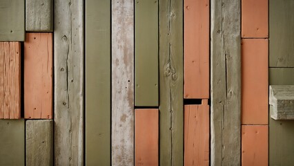 Rustic wood plank background. Weathered, blank woodplank.  Olive Green and Terracotta color. Vertical wood panel.