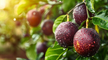 Obraz premium Close-up of fresh, ripe plums hanging on a tree branch with dewdrops, bathed in sunlight in a lush orchard.