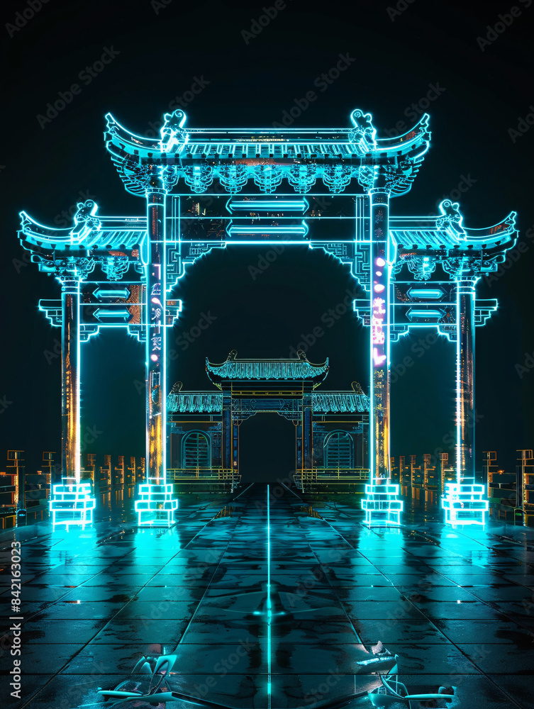 Aufkleber classical chinese architecture hologram line x-ray technology background 3d rendering