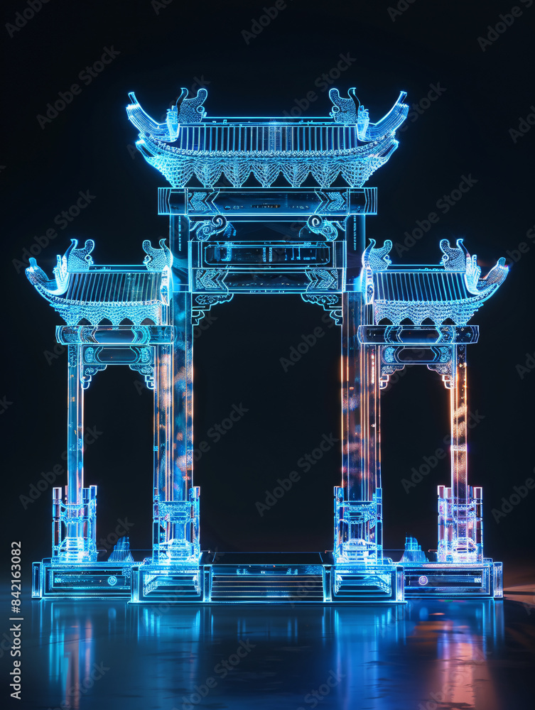 Poster classical chinese architecture hologram line x-ray technology background 3d rendering