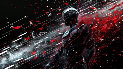 A futuristic cyber warrior depicted with explosive effects in a dramatic and intense scene. The dark background contrasts with the vibrant red and metallic elements.
