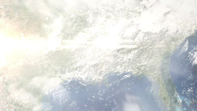 Earth zoom in from space and focus on Clinton, Mississippi, USA. 3D style Animation. Satellite view. Background for travel intro, blog. Images from NASA.