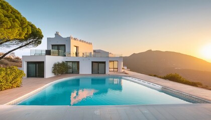 Fototapeta premium Contemporary Villa with Infinity Pool, Sunset Panorama