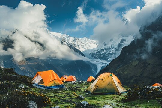 A panoramic view of several tents set up on a grassy basecamp surrounded by snow-capped mountains and clouds. Generative AI