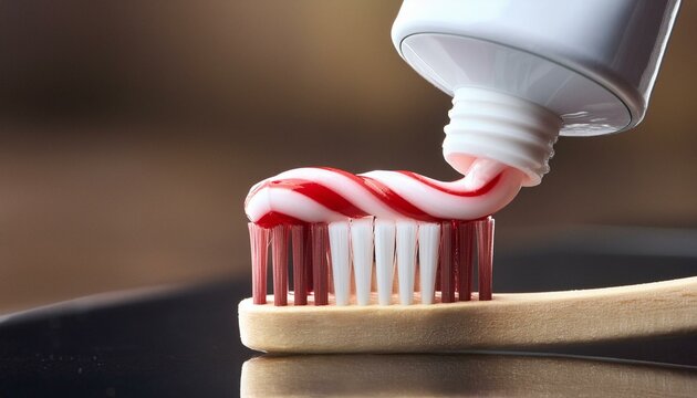 A close-up view of a toothpaste tube with white and red striped toothpaste applied to a toothbrush