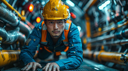 Asian American male engineer, as he crawls on his hands and knees through a constricted space in a futuristic power plant.generative ai