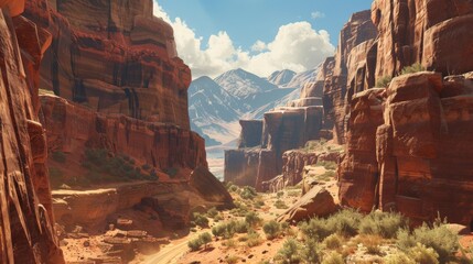 A serene desert canyon with towering red rock formations under a clear blue sky - Powered by Adobe