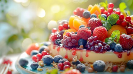 Vibrant fruit tart topped with an assortment of fresh berries and fruit on a sunny day