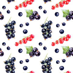 Seamless Watercolor Pattern of Red and Black Currants on White Background Decorative, Fresh, Beautiful Design