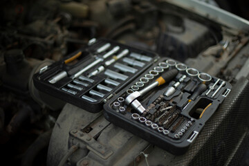 Tool box. Repair keys. Heads for unscrewing nuts. Repair kit. Chrome-plated steel.