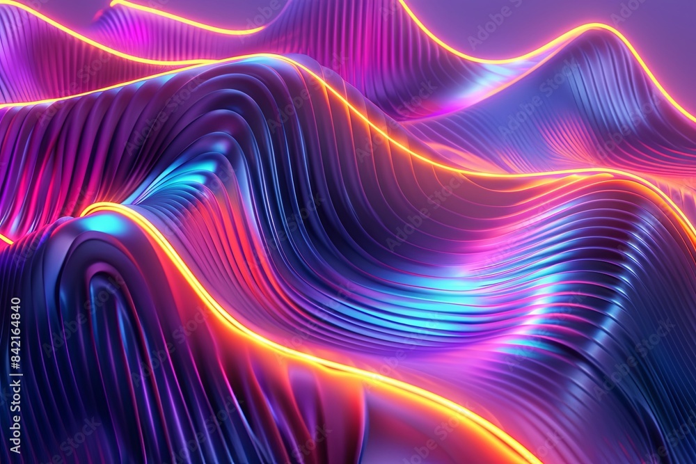 Poster abstract digital artwork of colorful wavy lines with glowing highlights. generative ai