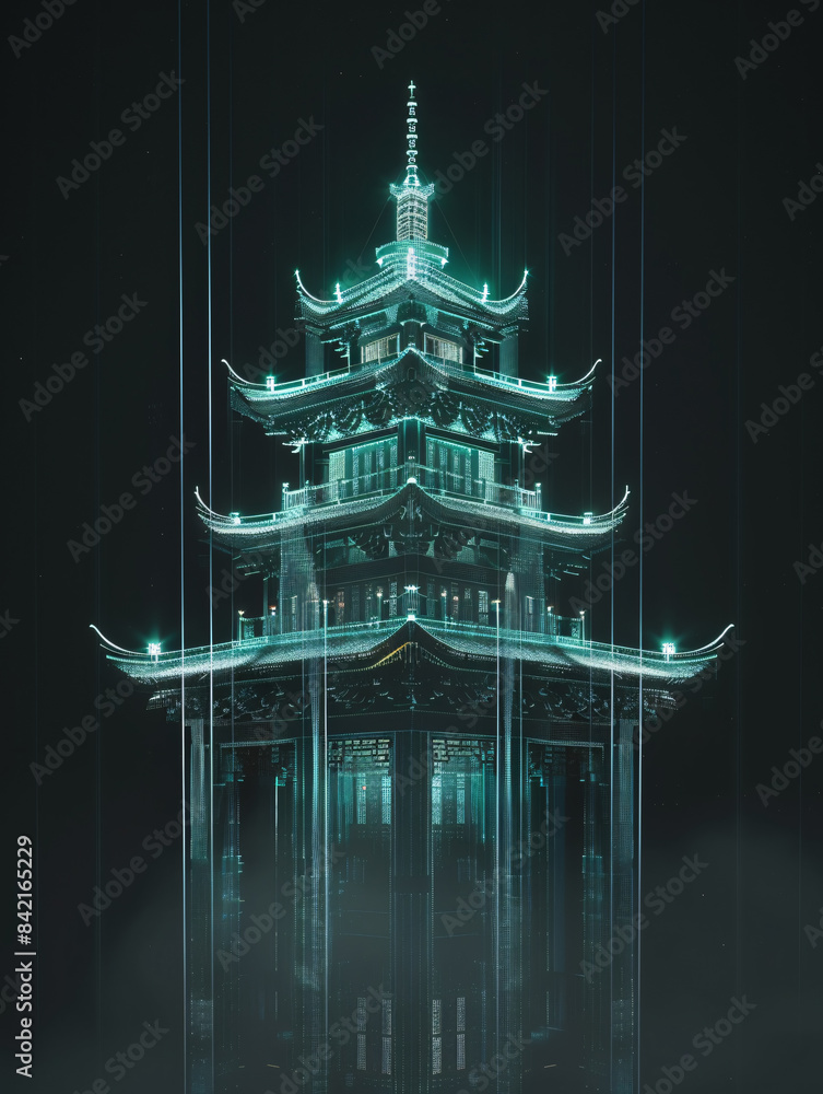 Aufkleber classical chinese architecture hologram line x-ray technology background 3d rendering