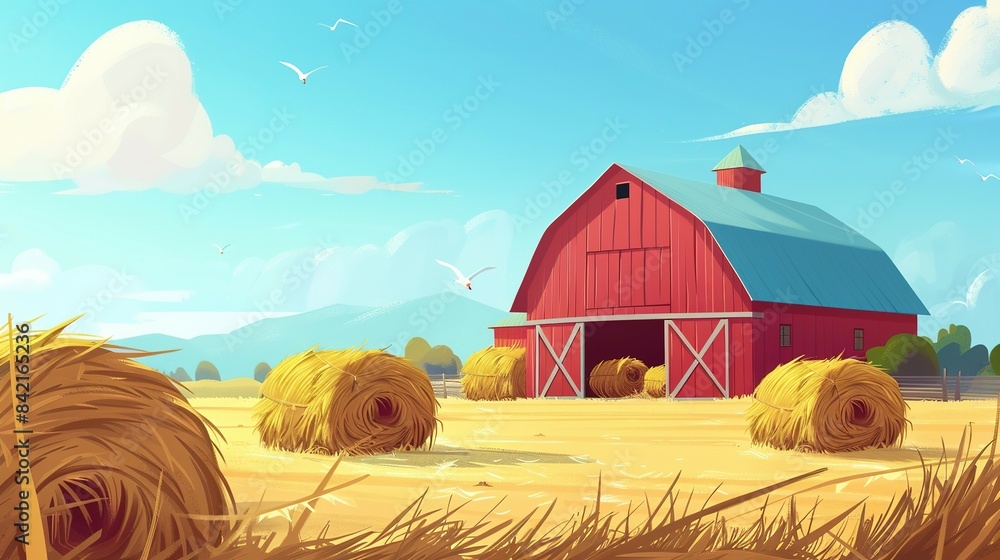 Wall mural rustic charm: cartoon barn theme with colorful hay piles