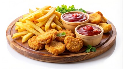 A plate of chicken nuggets and french fries with a red ketchup dipping sauce