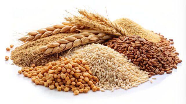 A variety of grains and seeds are piled on a white background