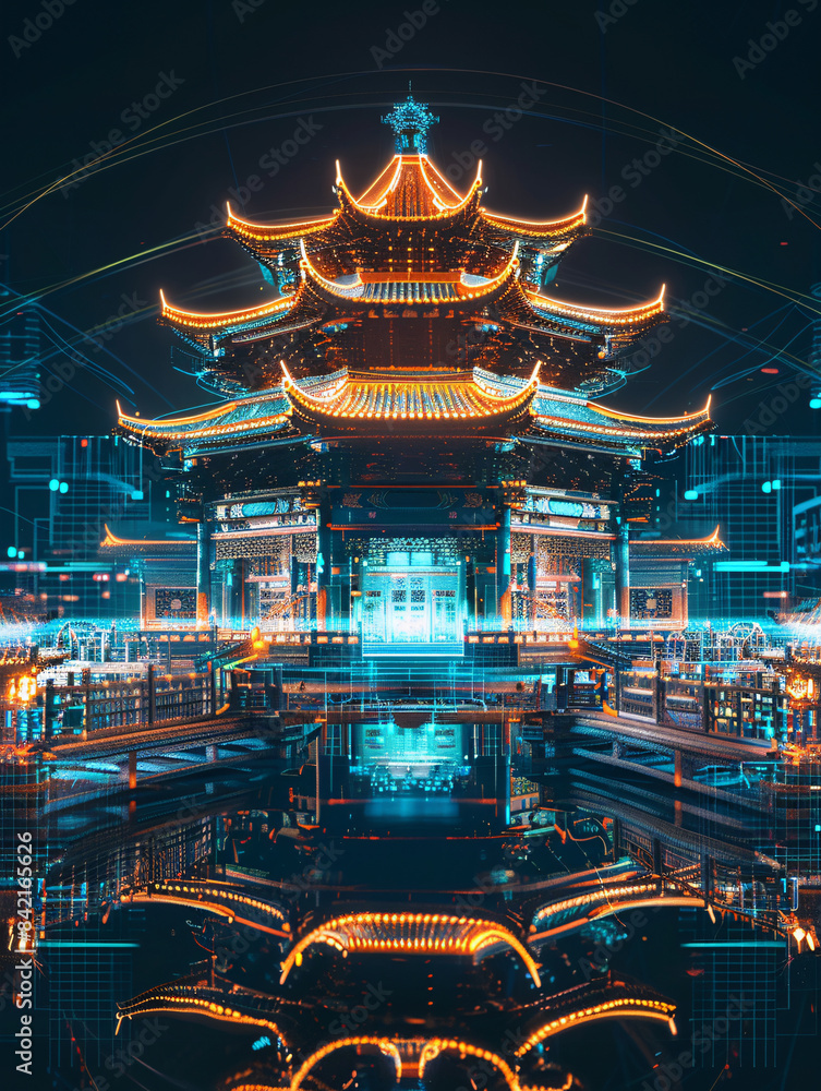 Aufkleber classical chinese architecture hologram line x-ray technology background 3d rendering