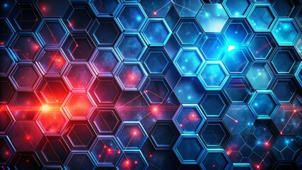 A colorful background with blue and red hexagons