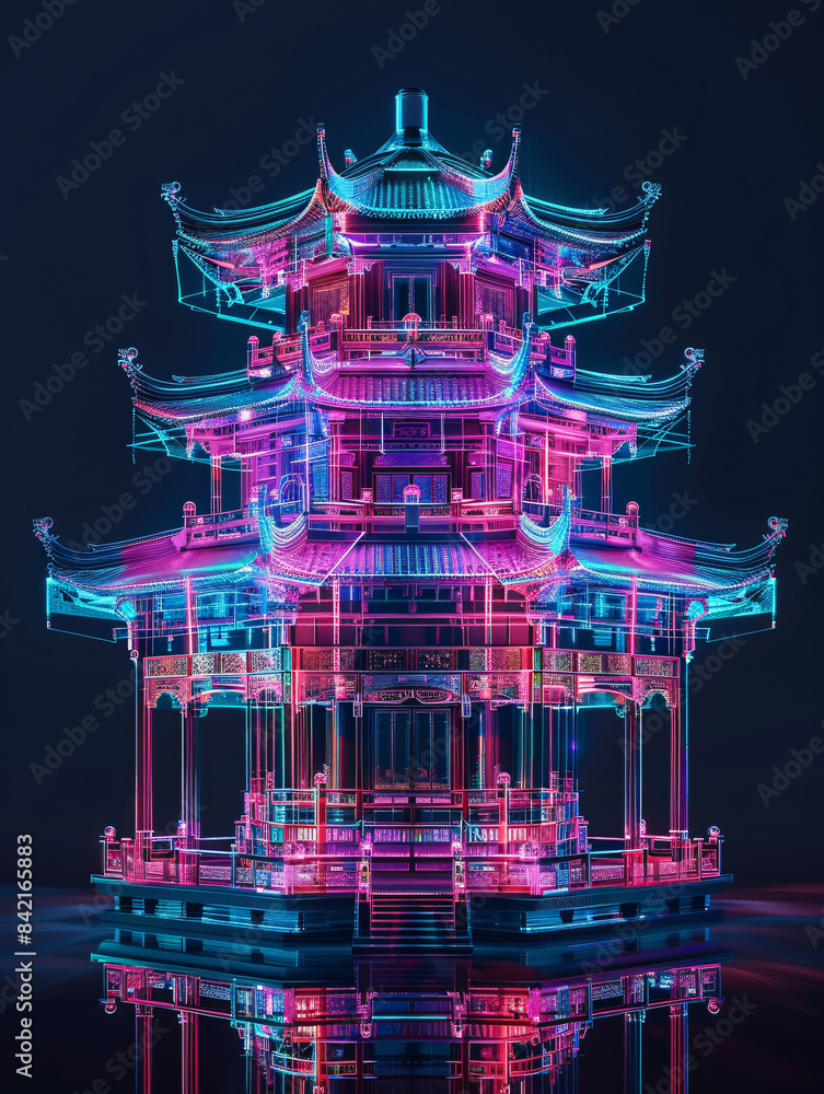 Aufkleber classical chinese architecture hologram line x-ray technology background 3d rendering