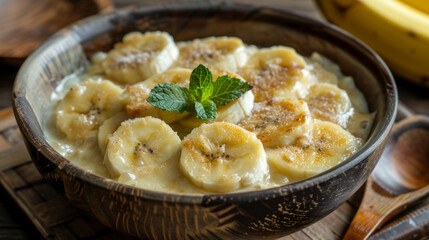 Creamy pudding topped with banana slices and a mint leaf, served in a rustic wooden bowl.