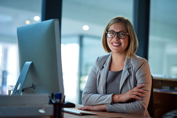 Professional, lawyer or woman in portrait with computer, case research and confidence with smile....
