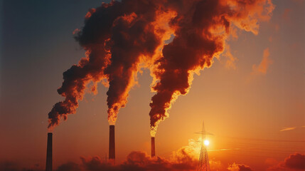 Obraz premium Industrial smoke stacks emitting smoke into the sky with a vibrant sunset in the background.