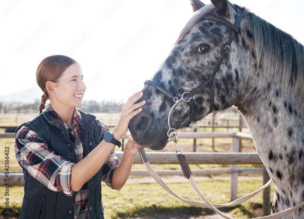 Canvas Prints Happy, woman and petting horse in nature for care, adventure and freedom on ranch. Equestrian, female person and young farmer with animal and smile for training and pet health in countryside of Texas