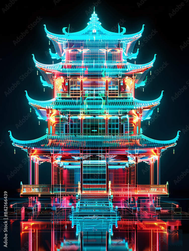 Poster classical chinese architecture hologram line x-ray technology background 3d rendering